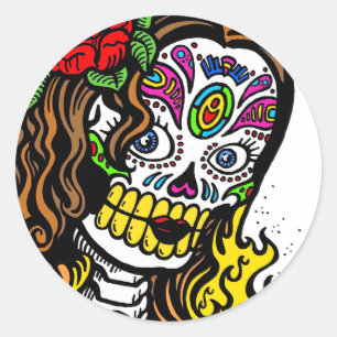 Glamour Dia De Los Muertos Rote Rose Sugar Skull Runder Aufkleber
