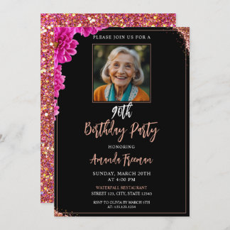 Glamour Floral Glitzer 90. Geburtstag Einladung