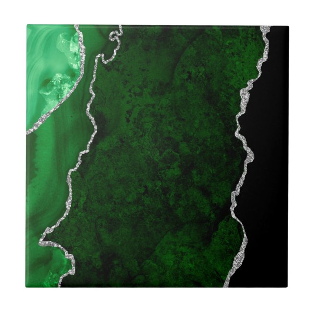 Glamour Forest Green Marmor Chic Silver Glitzer Fliese (Vorderseite)