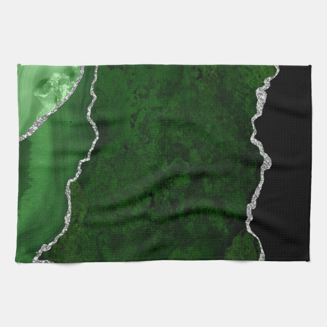 Glamour Forest Green Marmor Chic Silver Glitzer Geschirrtuch (Horizontal)