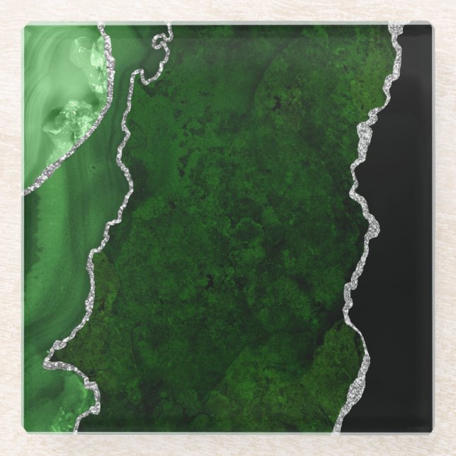 Glamour Forest Green Marmor Chic Silver Glitzer Glasuntersetzer (Vorderseite)