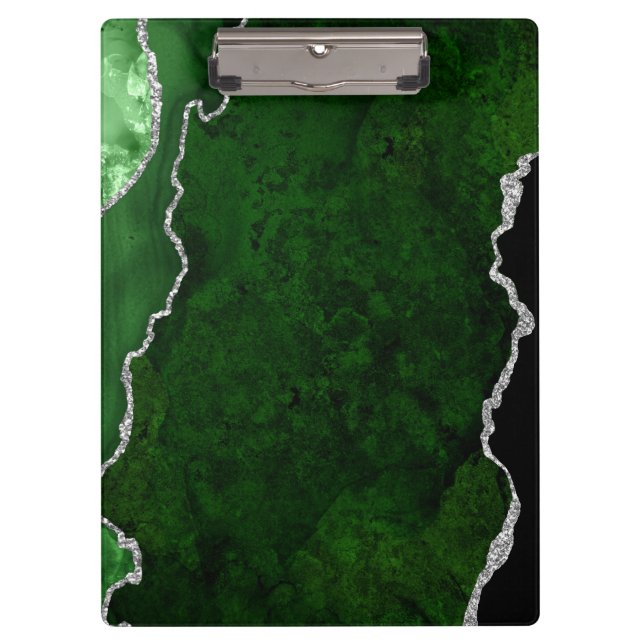 Glamour Forest Green Marmor Chic Silver Glitzer Klemmbrett (Vorderseite)
