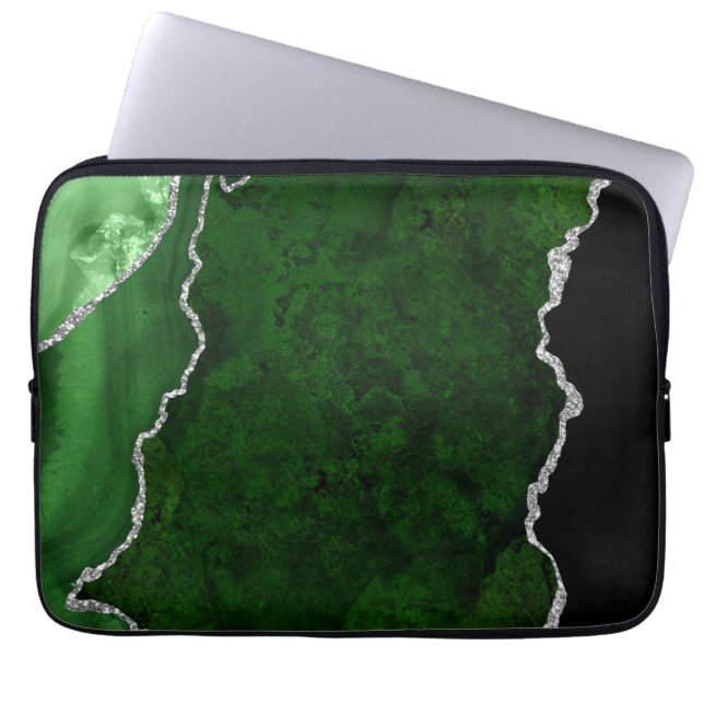Glamour Forest Green Marmor Chic Silver Glitzer Laptopschutzhülle (Vorderseite)