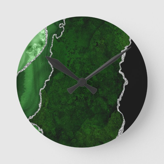Glamour Forest Green Marmor Chic Silver Glitzer Runde Wanduhr (Vorderseite)