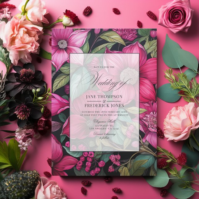Glamour Fuchsia, Emerald Green & Black Floral Einladung (Glamorous Fuchsia, Emerald Green and Black Floral Wedding Invitation)