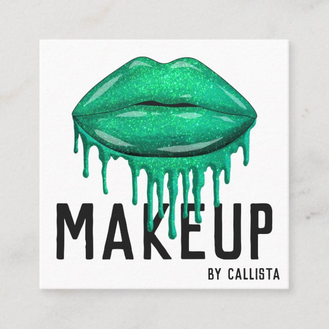Glamour Funkelnd Green Glitzer Tropfens Lips Makeu Quadratische Visitenkarte (Vorderseite)