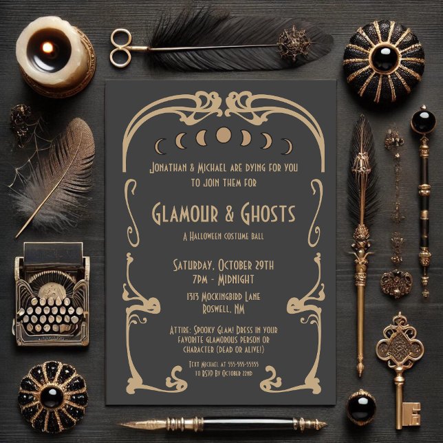 Glamour & Ghosts Art Deco Gold & Black Halloween Einladung (Von Creator hochgeladen)