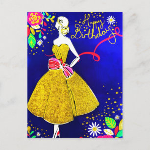 Glamour Girl Floral Gold Geburtstagsparty Glitzer Postkarte