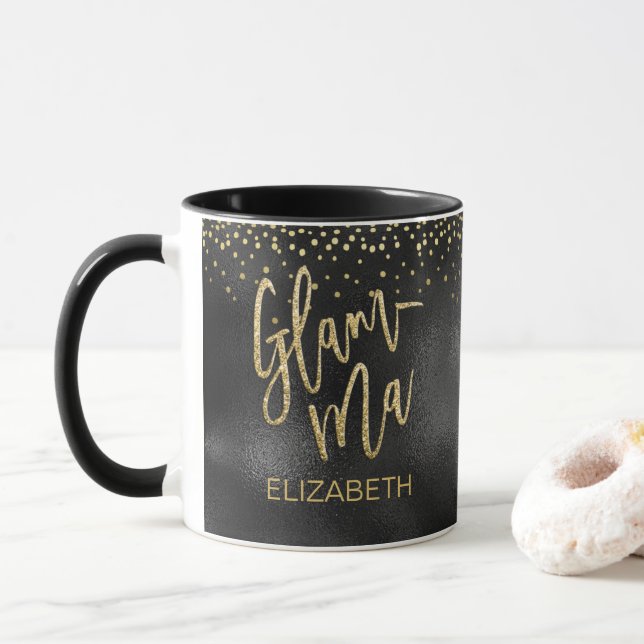 Glamour Glamma Oma Black Foil Gold Dots Name Tasse (Mit Donut)