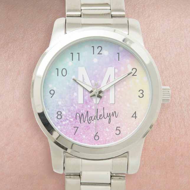 Glamour Glitzer Holograph Mit Monogramm Hübsch Armbanduhr (Nothing says glam like this stunning watch that features a holographic glitter effect and your name.)