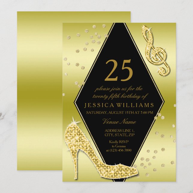 Glamour Glitzy Gold 25. Geburtstag Einladung (Vorne/Hinten)