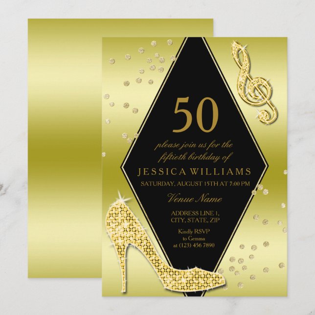 Glamour Glitzy Gold 50. Geburtstag Einladung (Vorne/Hinten)