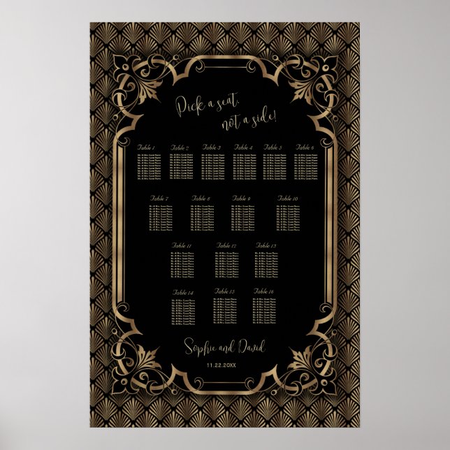 Glamour Gold Black Wedding Chart Poster (Vorne)