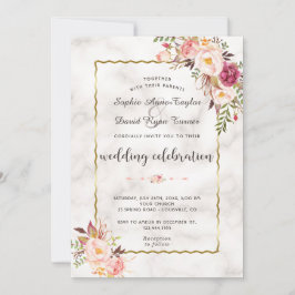 Glamour Gold Blush Pink Blumenmarmor Hochzeit Einladung