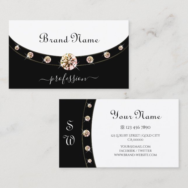 Glamour Gold Border Black and White Monogram Visitenkarte (Vorne/Hinten)
