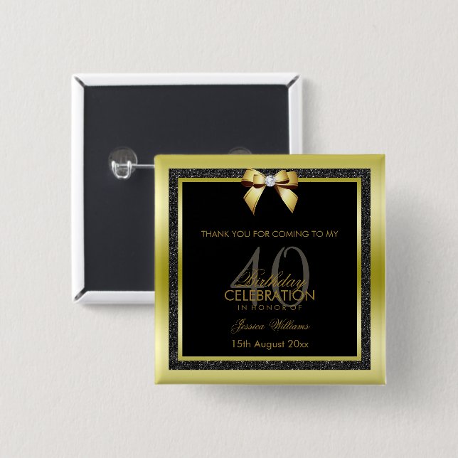 Glamour Gold Bow & Black Glitzer 40. Geburtstag Button (Vorne & Hinten)