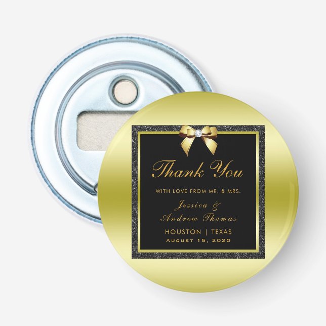 Glamour Gold Bow & Black Glitzer Hochzeit Flaschenöffner (Vorderseite)