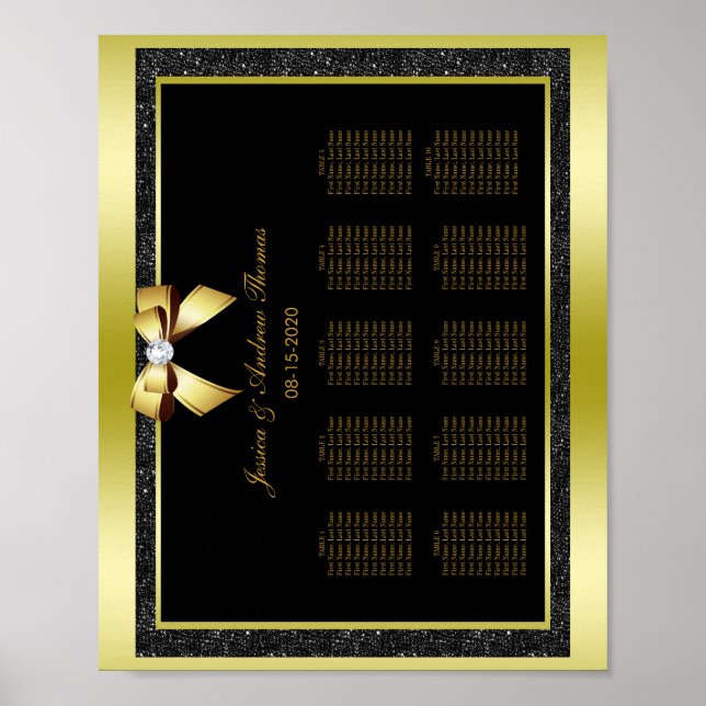 Glamour Gold Bow & Black Glitzer Hochzeit Poster (Vorne)