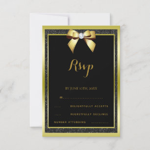 Glamour Gold Bow & Black Glitzer RSVP Karte