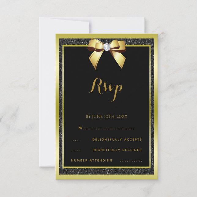 Glamour Gold Bow & Black Glitzer RSVP Karte (Vorderseite)