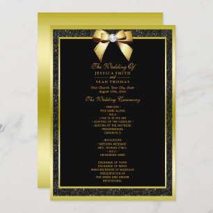 Glamour Gold Bow & Black Glitzer Wedding Program Einladung