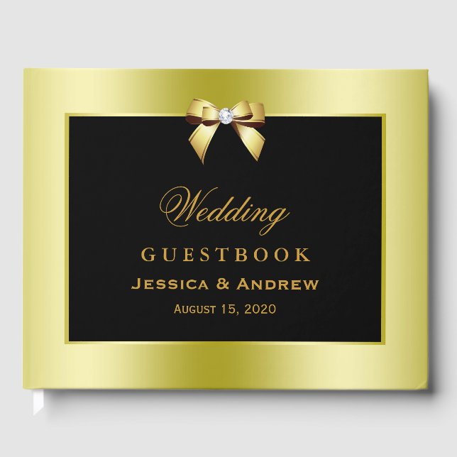 Glamour Gold Bow & Black Wedding Gästebuch (Vorderseite)