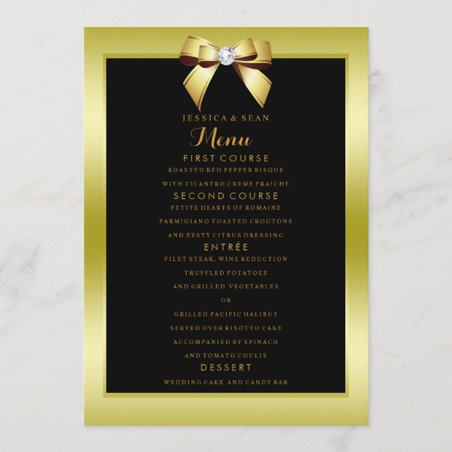 Glamour Gold Bow & Black Wedding Menükarte (Vorderseite)