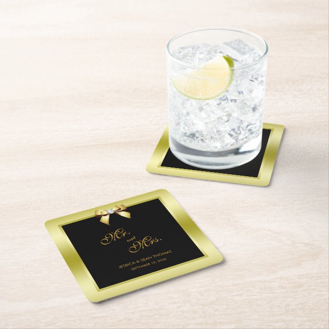 Glamour Gold Bow & Black Wedding Rechteckiger Pappuntersetzer (Vor Ort)