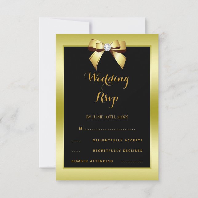 Glamour Gold Bow & Black Wedding RSVP Karte (Vorderseite)
