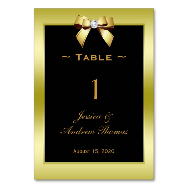 Glamour Gold Bow & Black Wedding Tischnummer (Vorderseite)