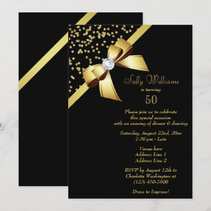 Glamour Gold Confetti & Jewel Bow 50. Geburtstag Einladung