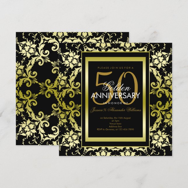 Glamour Gold Damask 50. Hochzeitstag Einladung (Vorne/Hinten)