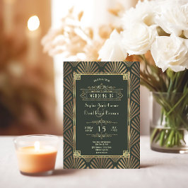 Glamour Gold Dark Green Art Deco 1920er Hochzeit Einladung