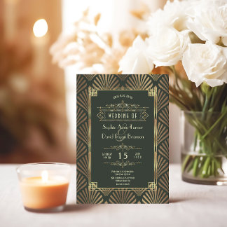 Glamour Gold Dark Green Art Deco 1920er Hochzeit Einladung