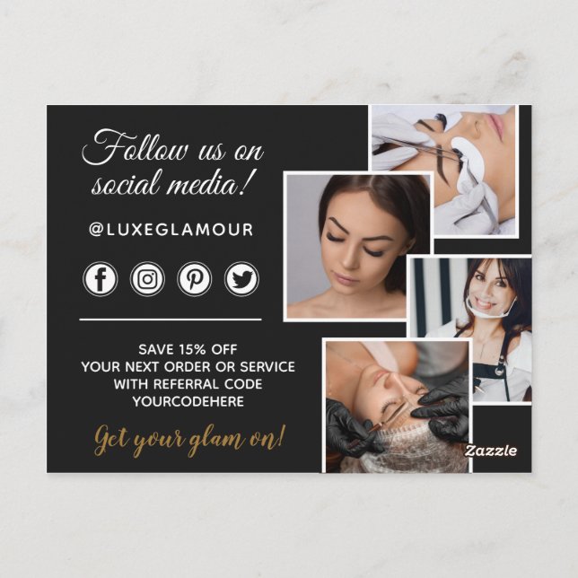 Glamour Gold Eye Lash Brow Bar 4-Foto Marketing Postkarte (Rückseite)