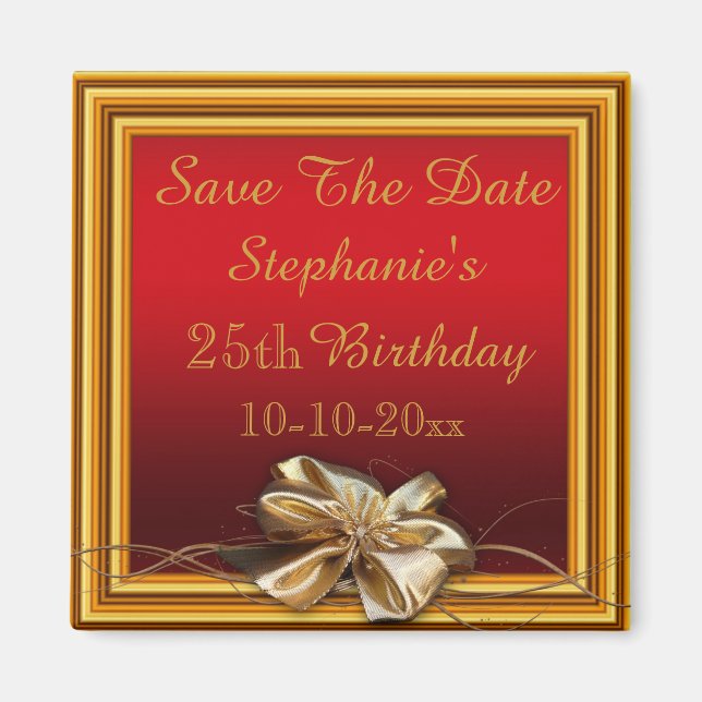 Glamour Gold Frame & Imitate Bow 25. Geburtstag Magnet (Vorne)