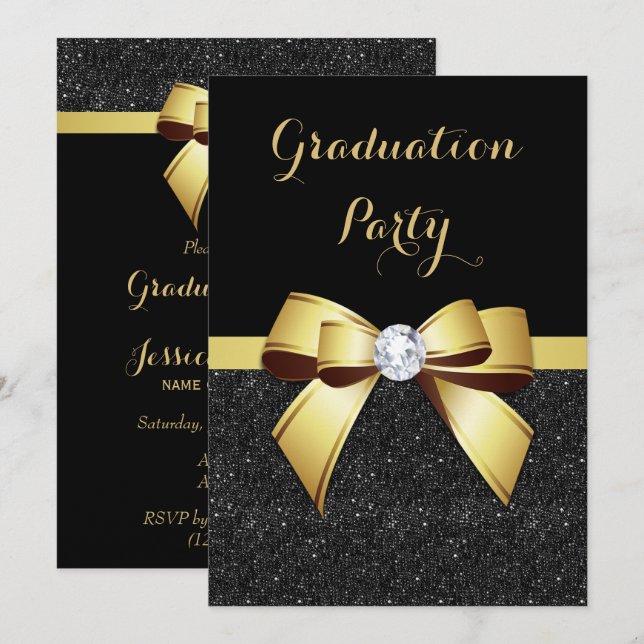Glamour Gold Gem Bow & Glitzer Abschluss Einladung (Vorne/Hinten)
