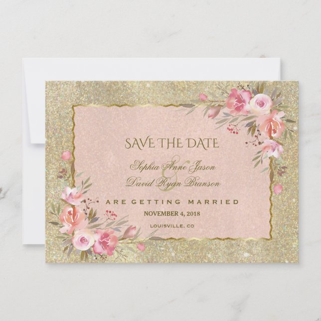 Glamour Gold Glitzer Blush Floral Save the Date (Vorderseite)