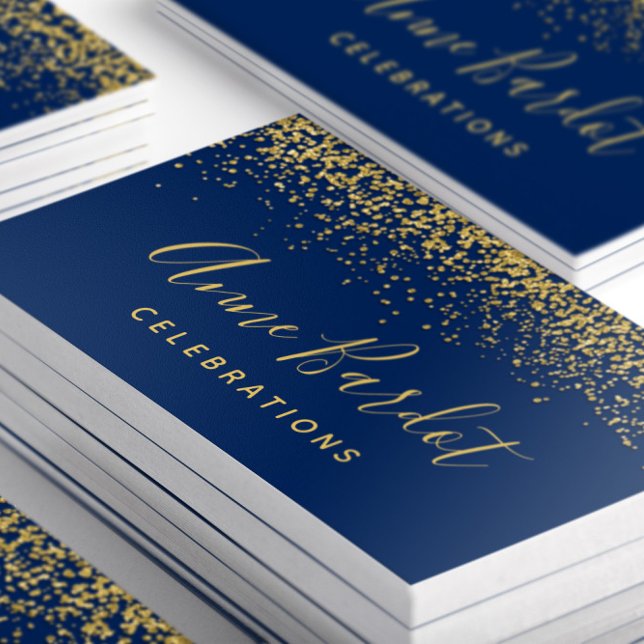 Glamour Gold Glitzer Confetti Navy Blue Visitenkarte (Closeup of stacked Glamorous Blue and Gold Confetti Business Cards)