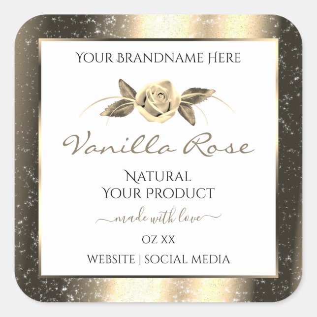 Glamour Gold Glitzer Floral White Product Labels Quadratischer Aufkleber (Vorderseite)