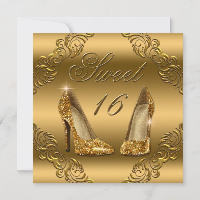 Glamour Gold Glitzer High Heels Sweet 16 Einladung (Vorderseite)