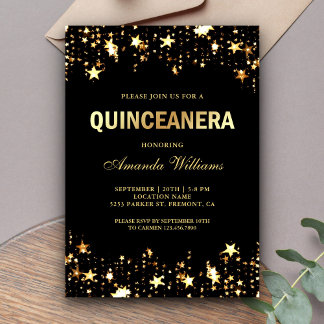 Glamour Gold Glitzer Stars Confetti Quinceanera Einladung