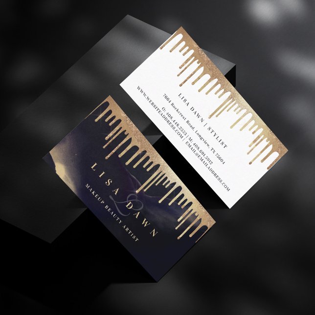 Glamour Gold Glitzer Tropfen Dunkle Tinte Monogram Visitenkarte (Glamorous Gold Glitter Drip Dark Ink Monogram Glam Business Card)
