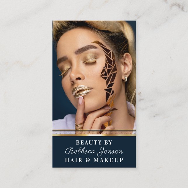 Glamour Gold Glitzer Tropfen Navy & Gold Glam Lipp Visitenkarte (Vorderseite)