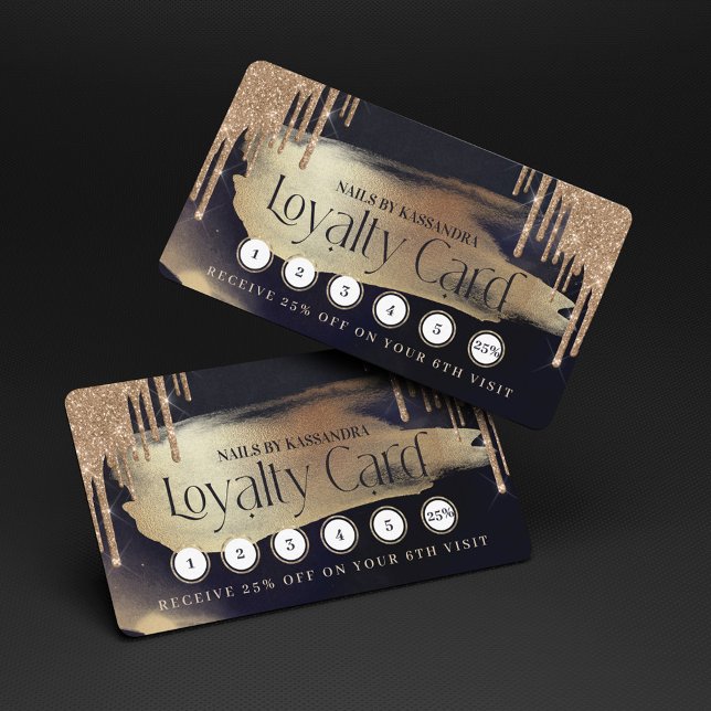 Glamour Gold Glitzer Tropfen Navy & Gold Loyalty Visitenkarte (Glamorous Gold Glitter Drip Navy & Gold Loyalty Business Card)