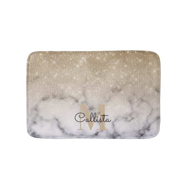 Glamour Gold Glitzer White Marble Ombre Monogram Badematte (Vorderseite)