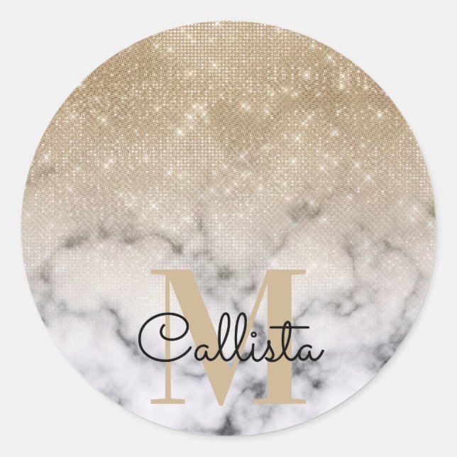 Glamour Gold Glitzer White Marble Ombre Monogram Runder Aufkleber (Vorderseite)