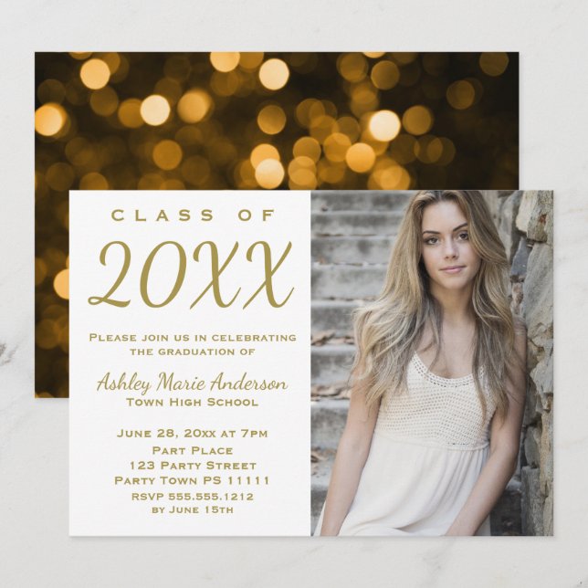 Glamour Gold Graduation Party mit Foto Einladung (Vorne/Hinten)