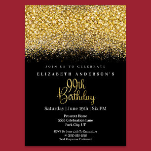 Glamour Gold Juwele Glitter 99. Geburtstag Einladung