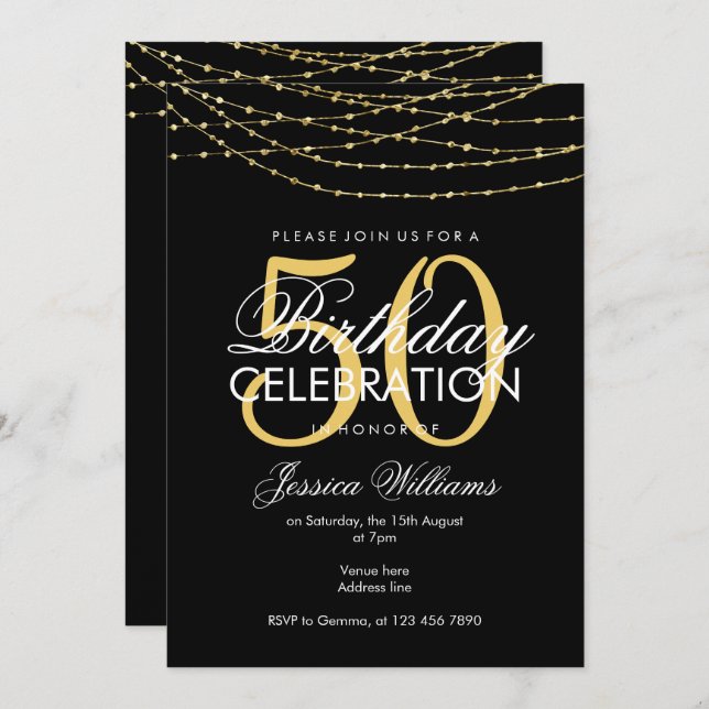 Glamour Gold Lights 50. Geburtstag Einladung (Vorne/Hinten)